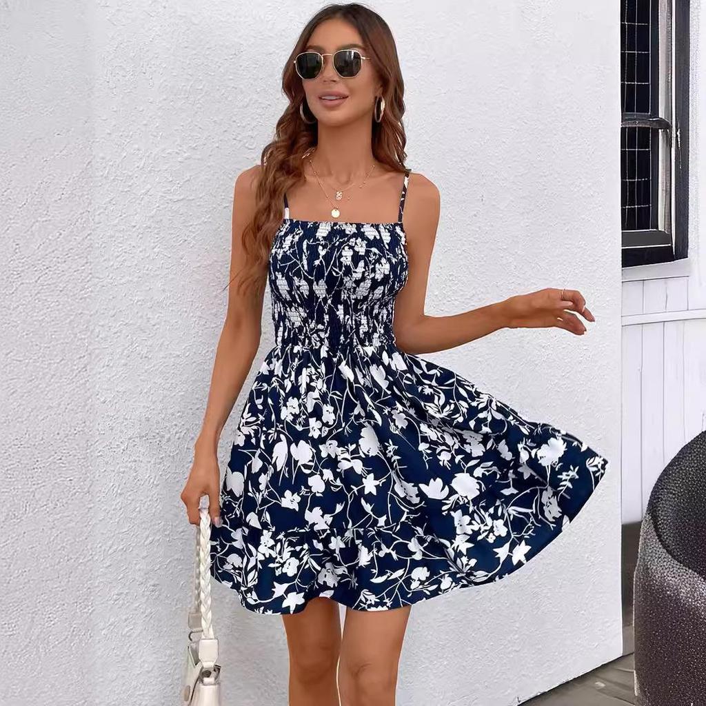 Women's Summer Ethnic Printed Sleeveless High Waist A Line Lace Up Dress