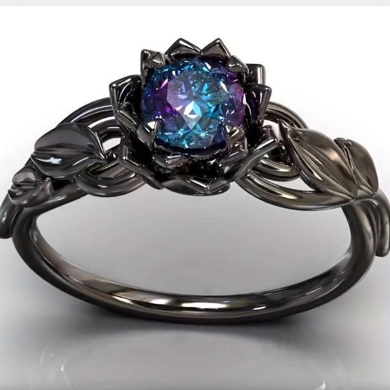 Elegant Black Color Flower Hollow Rings for Women Round Blue Purple Stone Rings Jewelry Party Gift