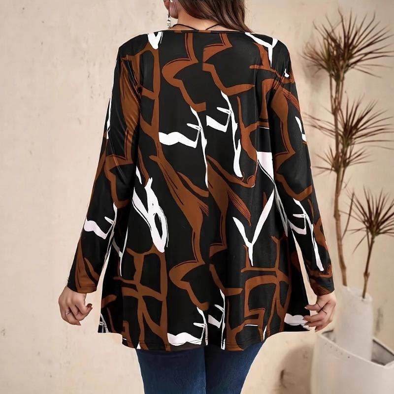 Women's Abstract Geometric Print Long Sleeve Crew Neck Loose Tunic Top
