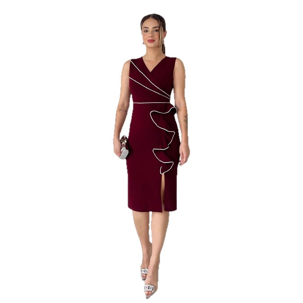 Robe de soirée bodycon satinée taille haute 2025 avec détail volanté