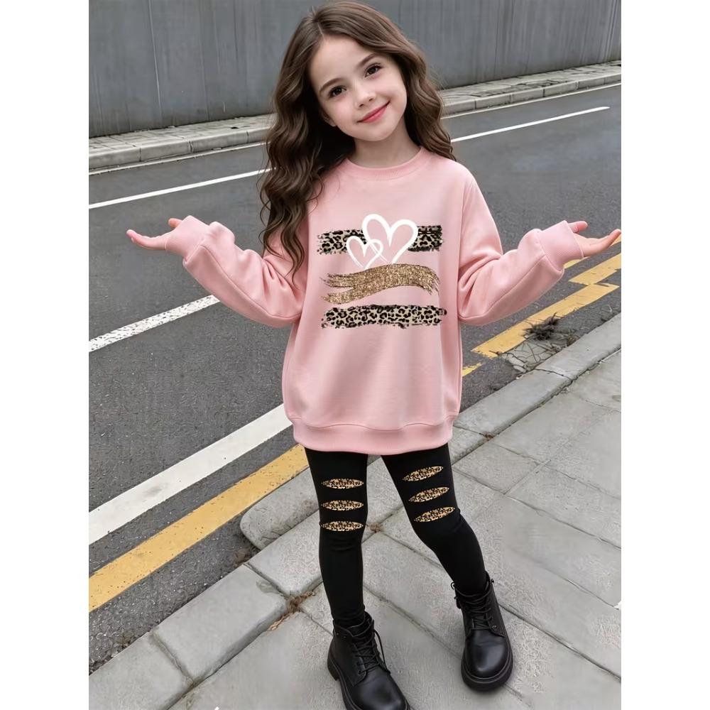 Girls' Leopard Heart Casual Comfortable Soft Loose Pullover Sweatshirt and Leggings 2-Piece Set, New Autumn/Winter, Playful, Sweet and Cool Style