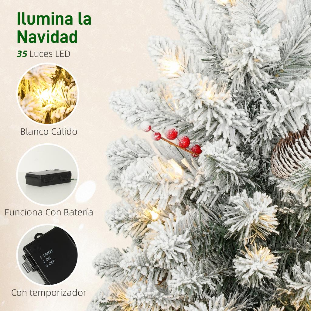 60cm Artificial Mini Christmas Tree with 35 LED Lights, 72 Dense Branches with Snow Ornaments and Green Burlap Base