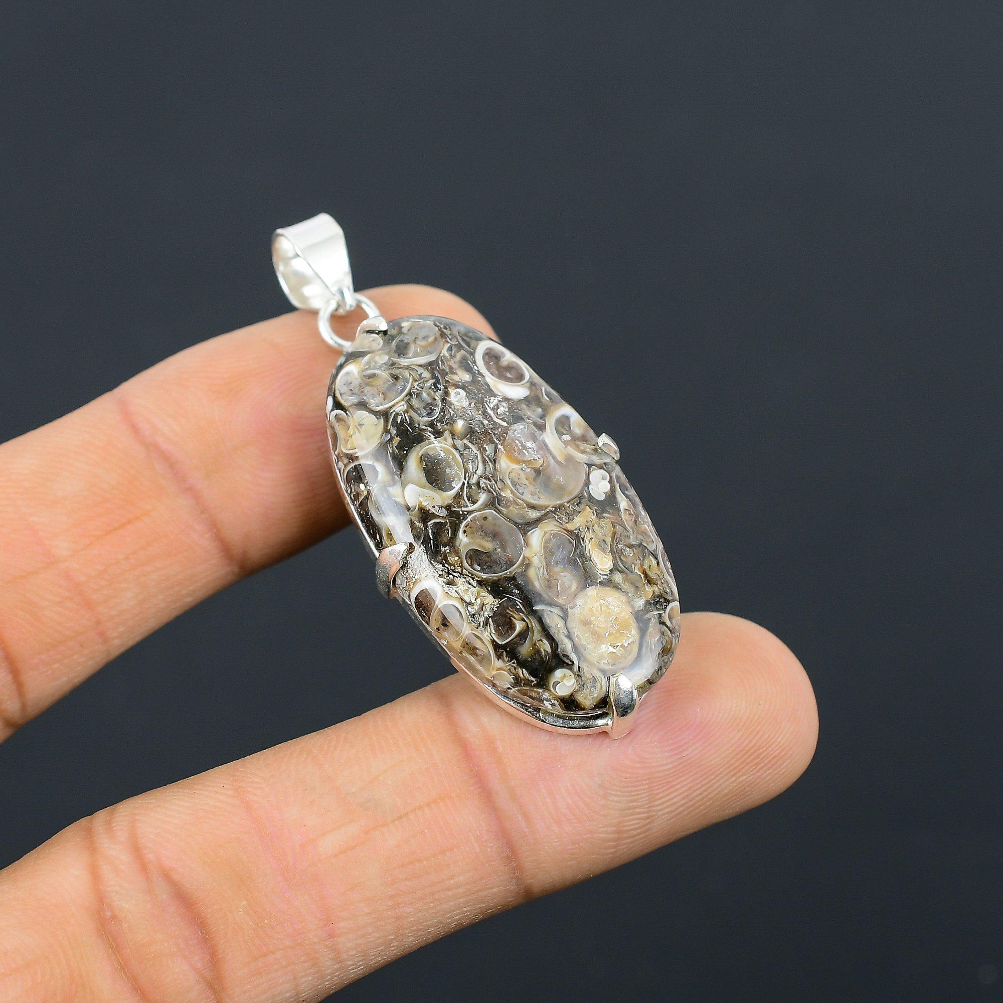 

Womens day Deal Natural Turritella Agate 925 Sterling Silver New Pendant Jewelry