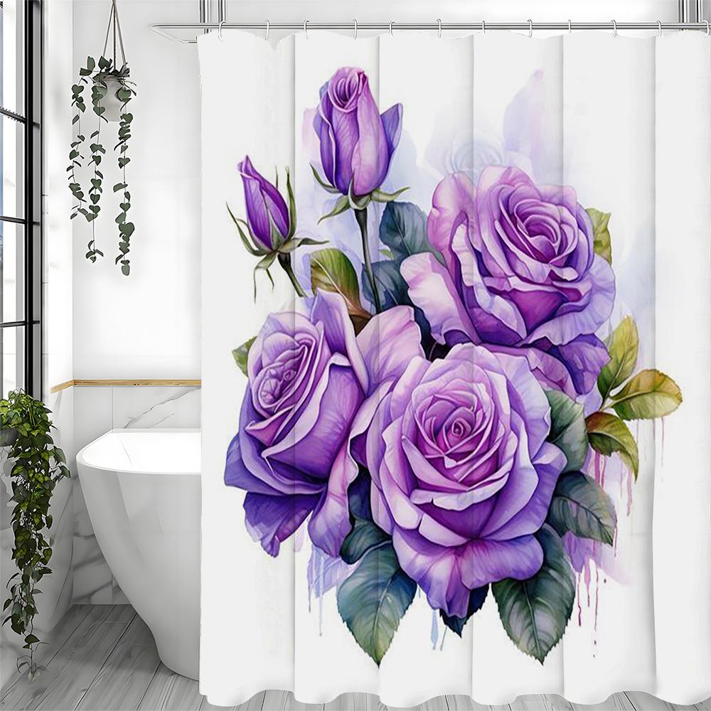 Purple Rosebud Shower Curtain, Bathroom Decorative Shower Curtain, Waterproof Shower Curtain with Hooks