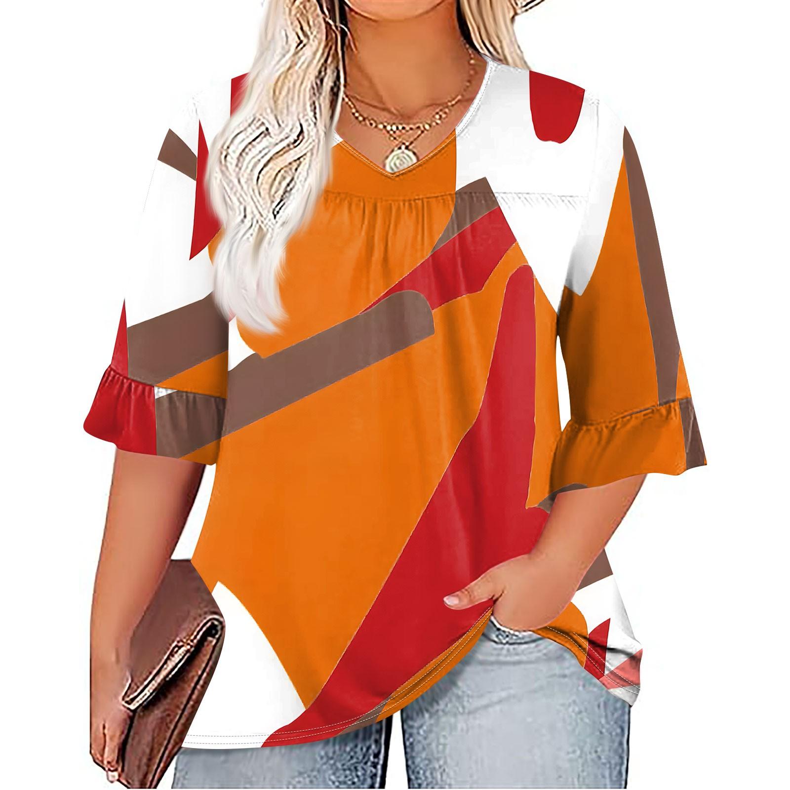 

Женская мода, повседневная плиссированная футболка с v-образным вырезом и принтом, семиминутная футболка с рюшами и рукавами, топы больших размеров XL