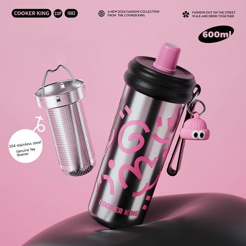 COOKER KING 600ml Insulated Cup with Tea Strainer Straw Thermos Cup Stainless Steel Vacuum Flask Girls Students Hot & Cold Flask