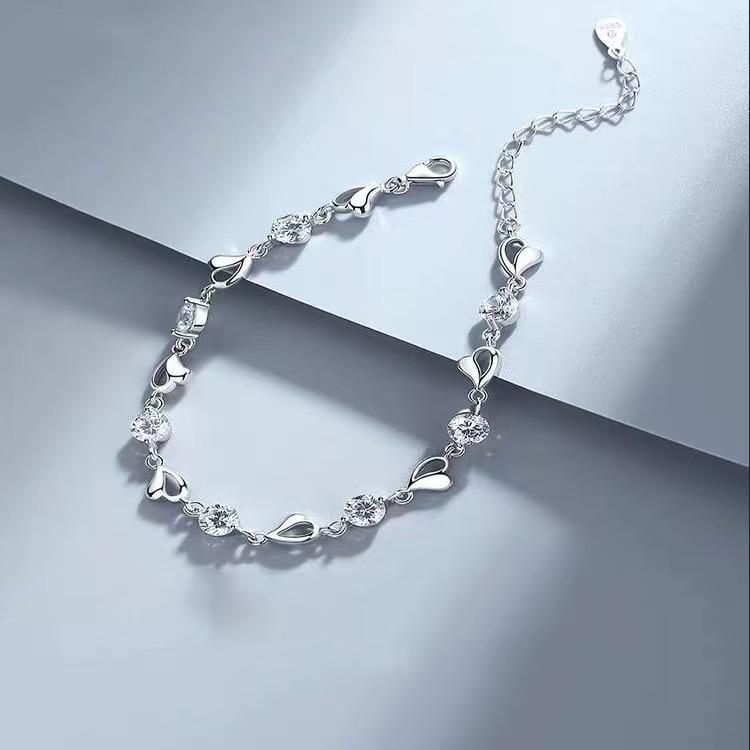 Heart Shaped Cubic Zirconia Bracelet Adjustable Length Roman Style Sterling Silver Chain Jewelry for Women One Size