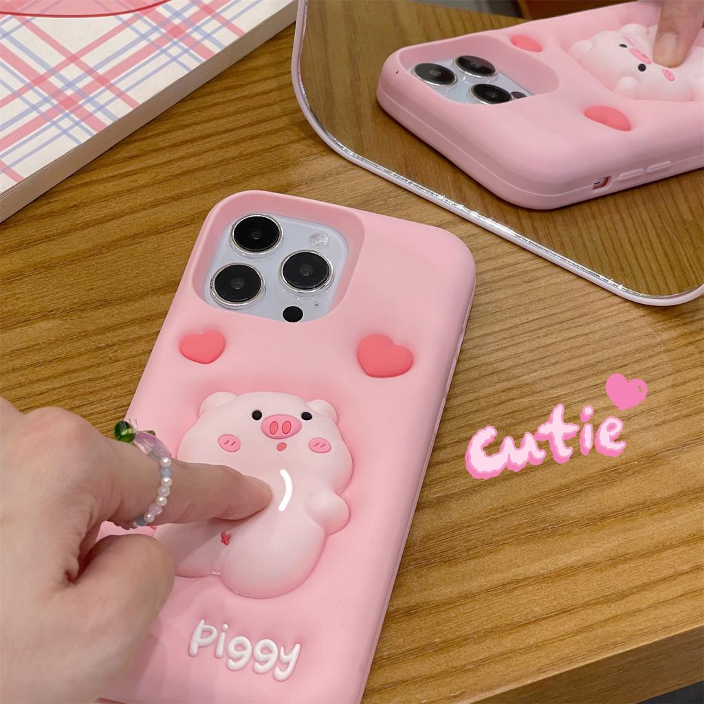 For iPhone 16 Pro Max Silicone Case Cute Expanding Pig Design Shockproof Phone Back Cover