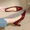 High Heels Women's Thick Heel Spring and Autumn New Red Bow Middle Heel Shoes Splicing Single Shoes