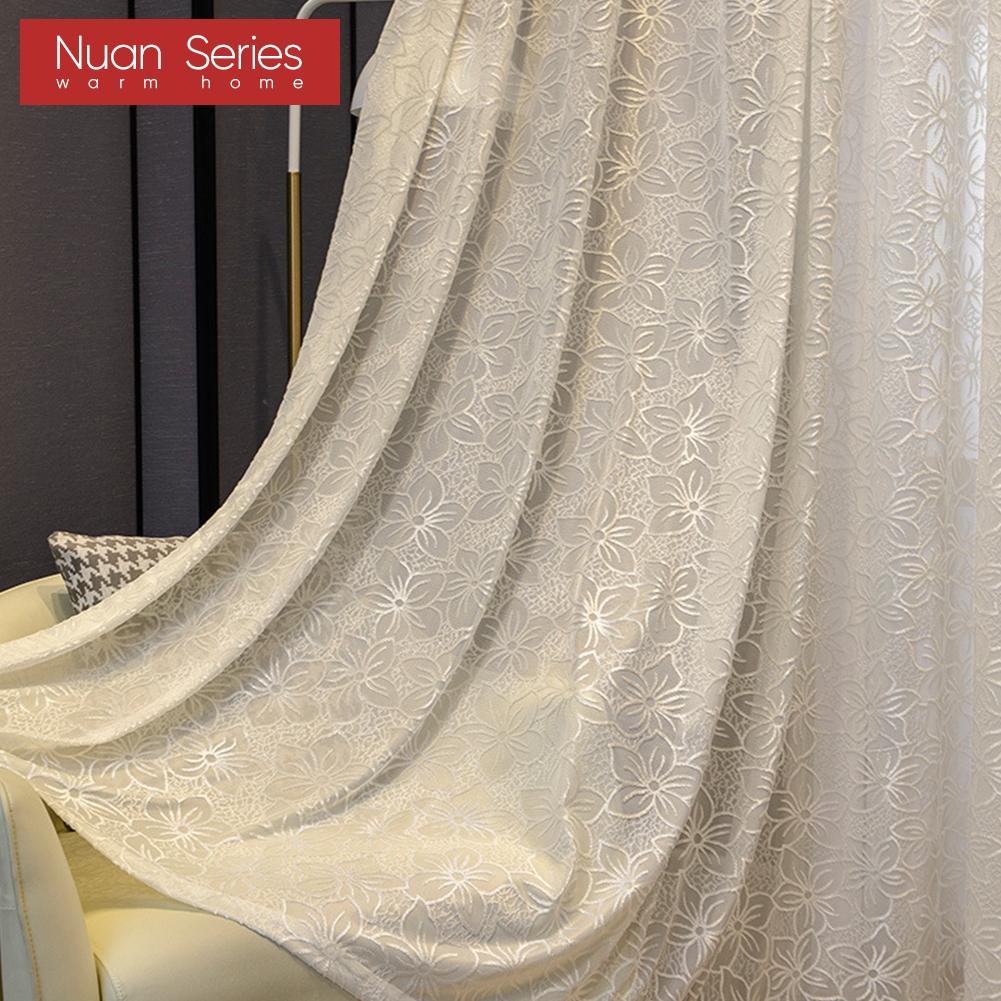 1PC Cherry Blossom Pattern Jacquard White Tulle Translucent Sheer Curtain for Living Room Bedroom Balcony Window Home Decor Nuan Series
