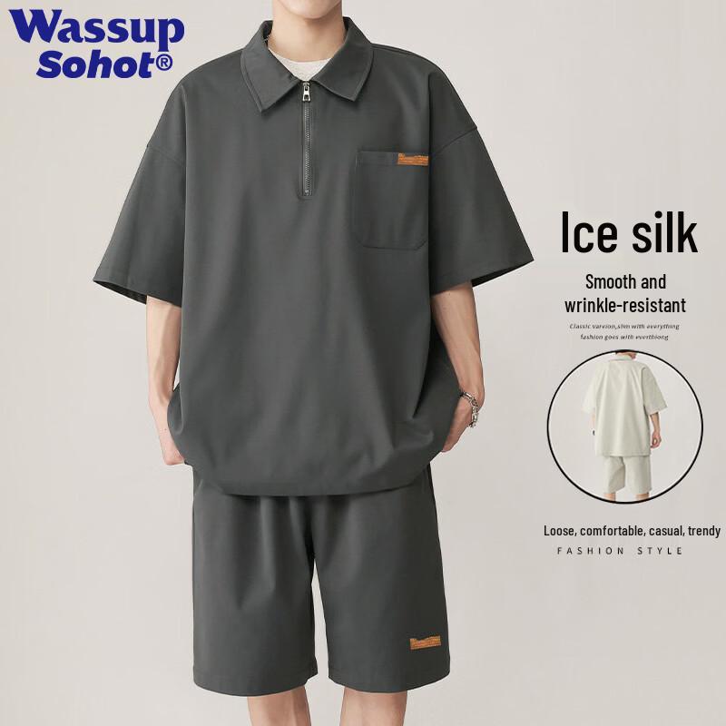 Wassup Sohot Men s Ice Silk Polo Two-Piece Set L
