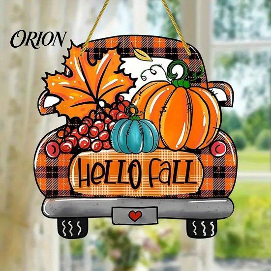Holiday Entrance Ornament Hello Fall Wooden Hanging Sign, Retro Plaid Pickup Truck Ornaments, Wall Pendant Soft Furnishing Items with Pumpkin