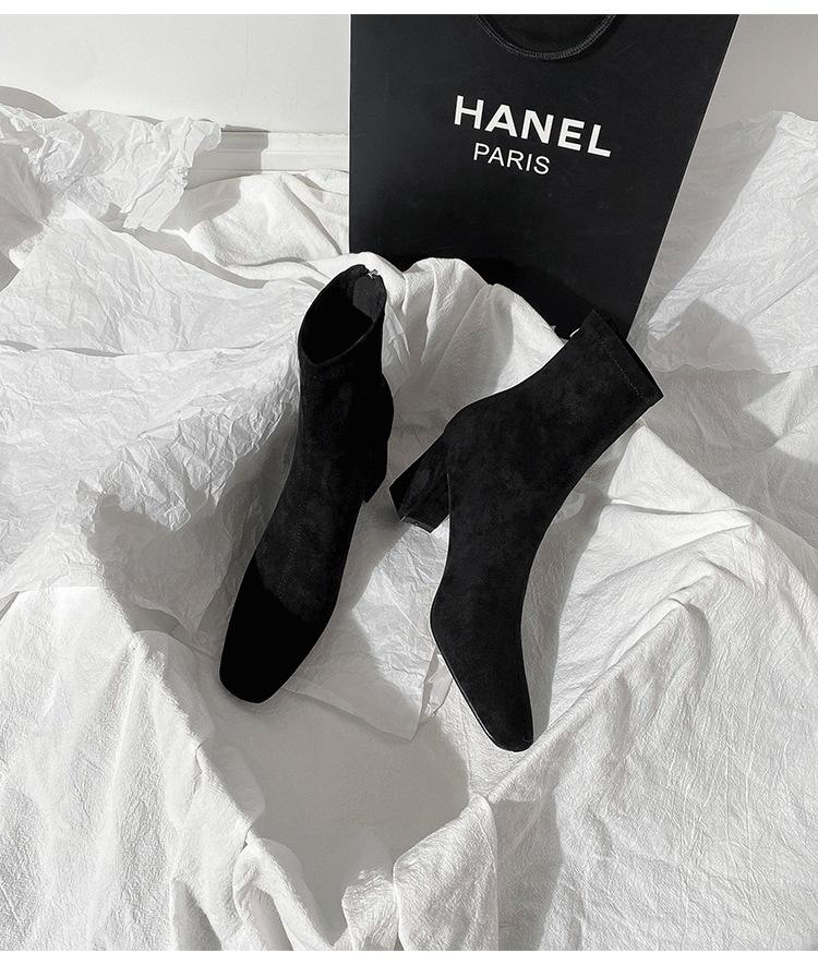 Hnědé krátké boty dámské vysoké podpatky podzim a zima nové semišové zadní zip francouzské malé kotníkové boty silný podpatek elastické čtvercová špička tenké boty