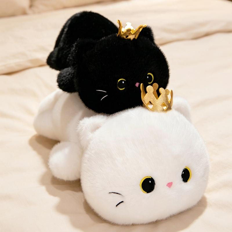 4050Cm Crown Lying Cat Plush Toy Stuffed White Black Kitten Doll Soft Cartoon Animal Plushie Birthday Gift