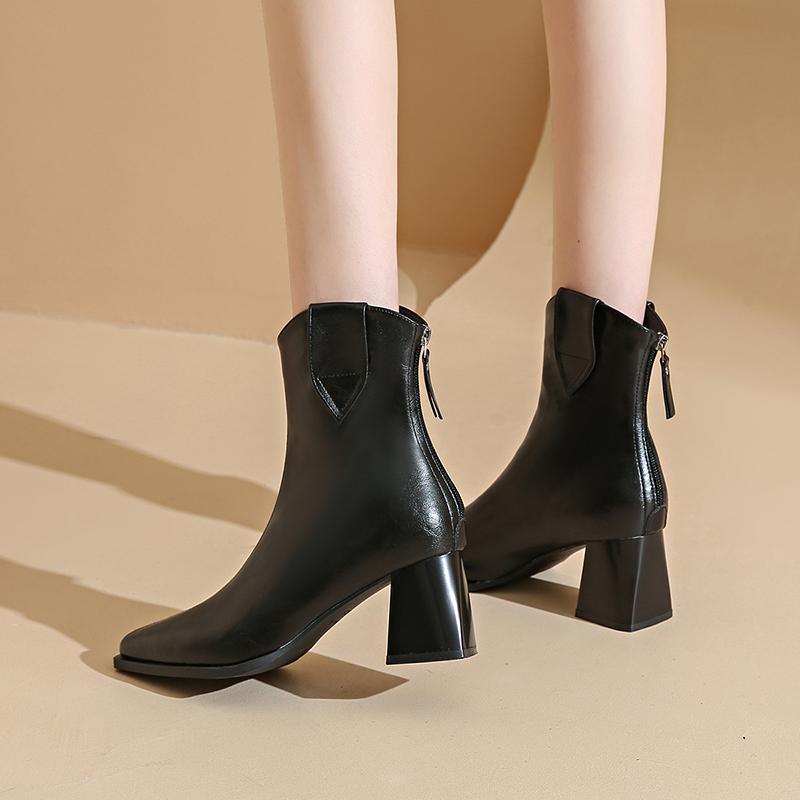 Módní podzimní zimní design Teplé kozačky ke kotníku s kožíškem Módní boty na vysokém čtvercovém podpatku se špičatou špičkou Moderní krátké boty pro ženy