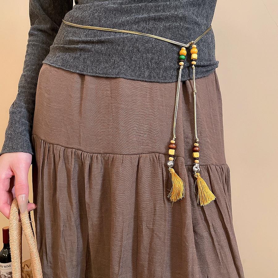 Vintage ethnic wind wood bead woven fringed waist chain bohemian belt clothing