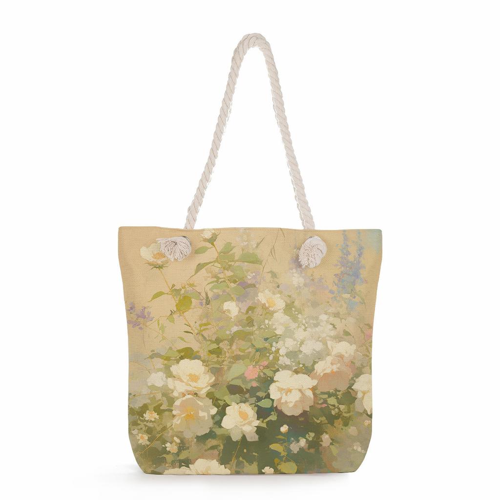 Multifunctional Oil painting flowers Printed Thick Rope Shoulder Beach Bag Casual large capacity handbag 0245