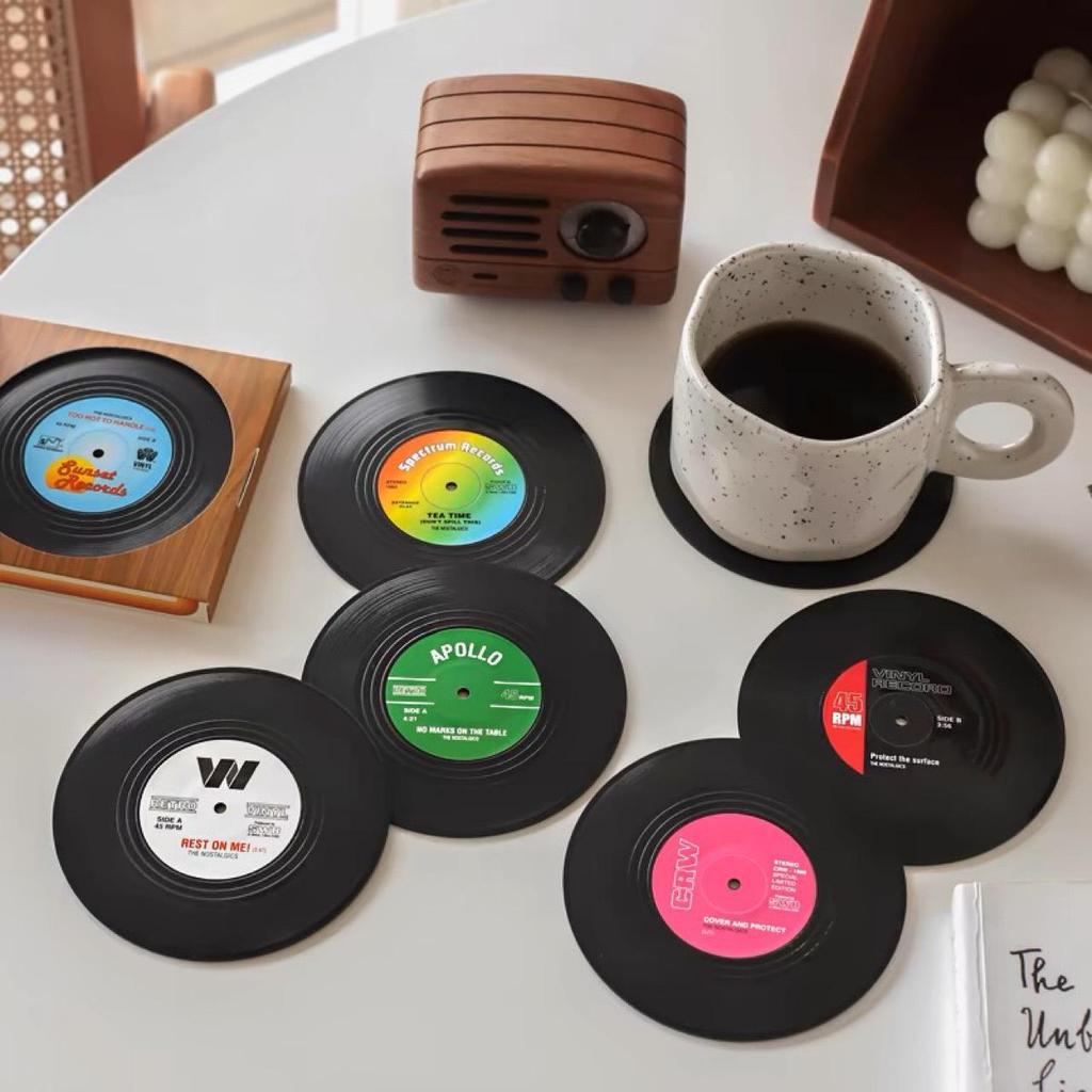 Retro Vinyl Record Non-slip Coaster - Round ABS Plastic Coffee/Tea Cup Mat with Heat Insulation
