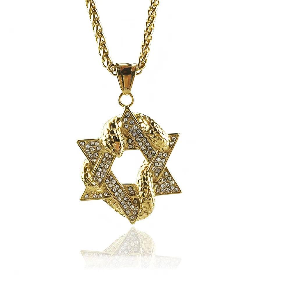 Hip Hop Iced Out Bling Star of David Pendants Gold Color Stainless Steel Hexagram Necklace for Women Men Jewish Jewelry Gift