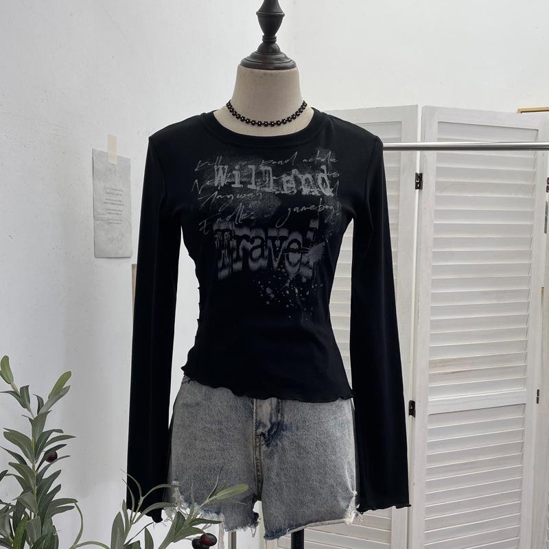 

Punk Print Irregular Cut-Out Long-Sleeve Slim-Fit T-Shirt 2771 One Size чёрный