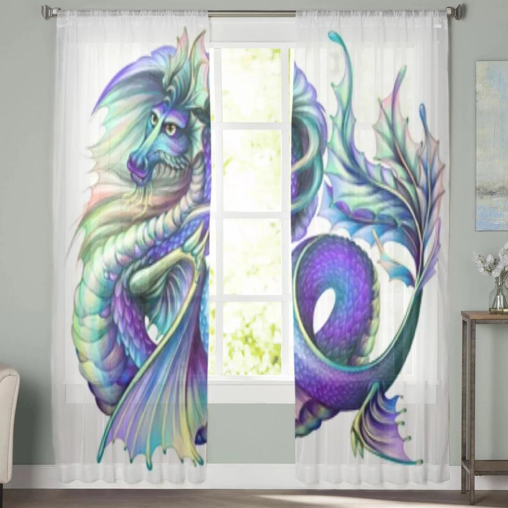 Transparente Vorhänge im Drachen-Aquarell-Stil für Wohnzimmer, Fenster, transparenter Voile-Tüll-Vorhang, Schlafzimmer-Vorhänge, Heimdekoration