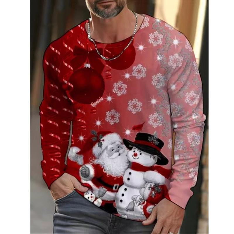 Funny Christmas Style Pattern T-Shirt For Men Elk Santa Gift 3D Print T Shirts Autumn Casual Long Sleeves Loose O-Neck Tops Tees
