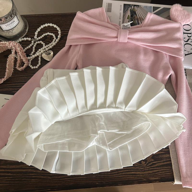 Korean Spring/Summer 2025 Girls' Bow Shirt & White Pleated Skirt Pants Set