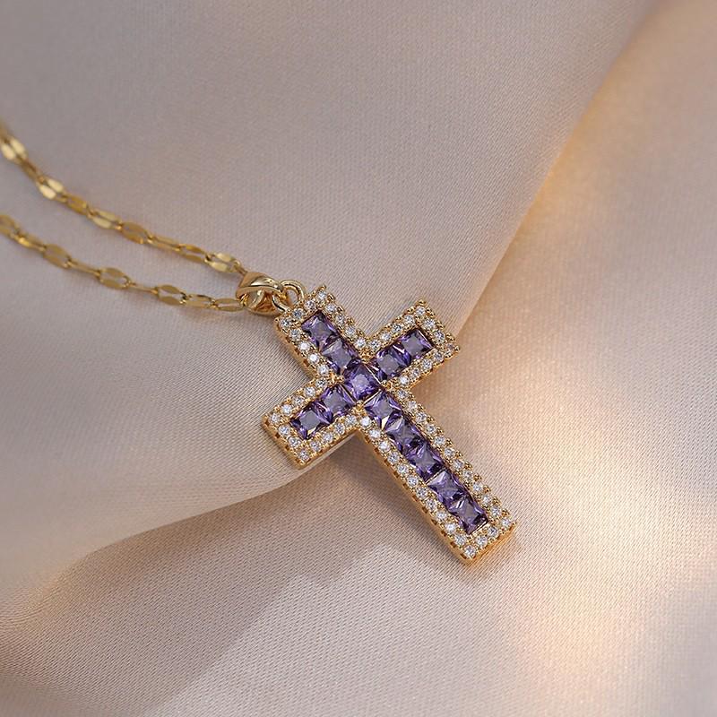 Damen Bunte Zirkon Kreuz Halskette - Nischendesign mit Voll-Diamant-Anhänger an Edelstahlkette