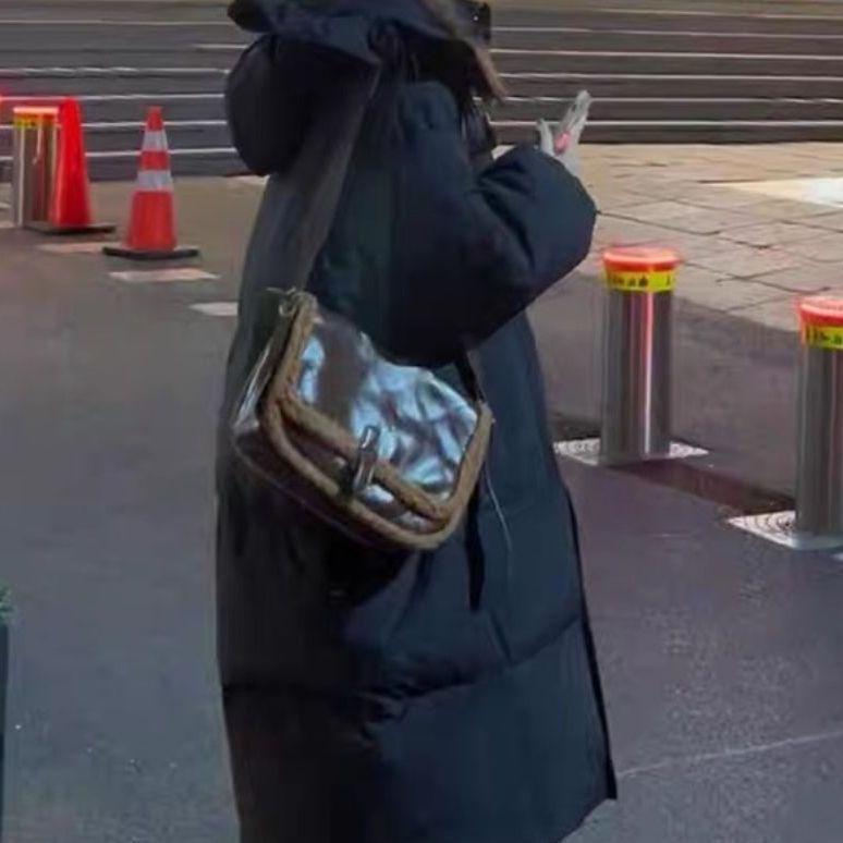 

Женское зимнее утепленное хлопковое пальто с капюшоном: Длинная свободная теплая куртка в корейском стиле 3XL (approx. 77.5-87.5 kg) чёрный