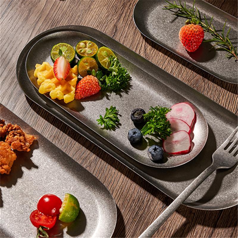 Snow Sand 304 Stainless Steel Storage Trays Snack Plates Retro Steak Barbecue Tableware Plate Cutlery Holder Decorative Dish