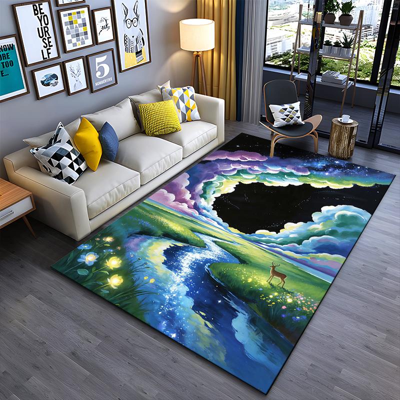"Colorful River Landscape Carpet with Night Sky and Deer Pattern" Suitable for Use As an Anti-slip for Living Room Bedroom Sofas