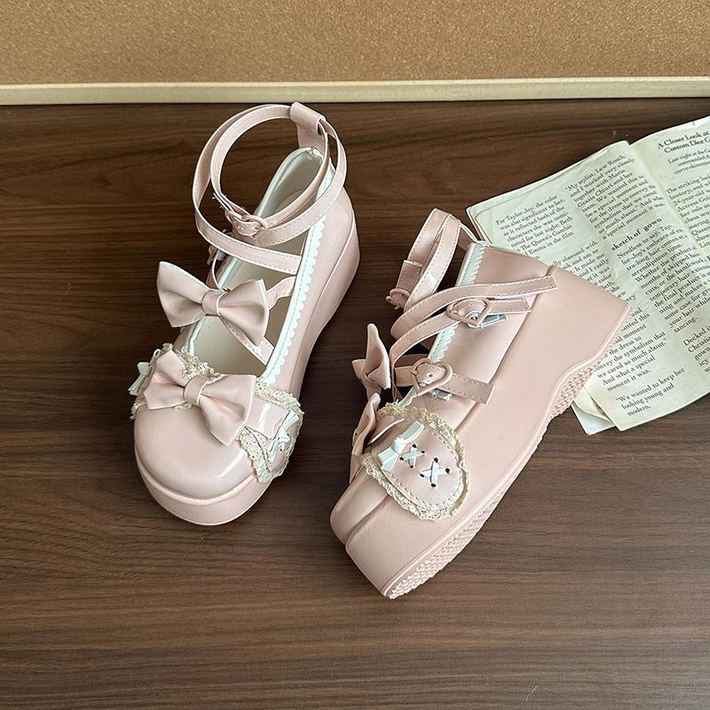 

Fashion Sweet Lolita Patent Leather Mary Jane Shoes Women 2025 Autumn Cute Bowknot Decoration Thick Bottom Shoes Y2K Ankle Strap Pumps 35 розовый