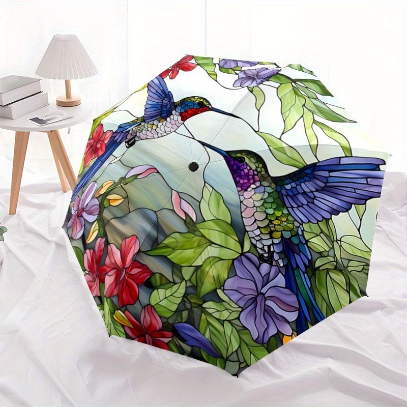 

1pc Stained Glass Hummingbird Window Panel with Flowers Fully Automatic Folding Portable Umbrella, 8 Iron Frames, Three-Fold Design, Suitable for