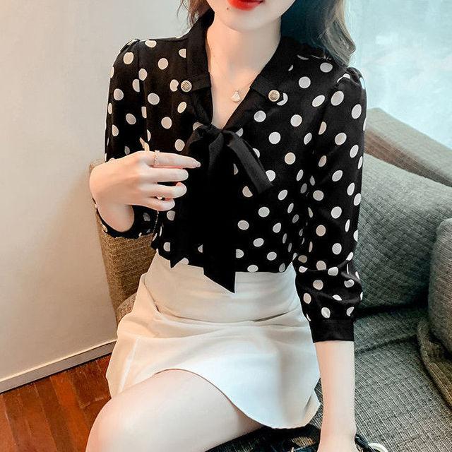

Модная шифоновая рубашка в горошек для женщин. Топ, новая летняя блузка с рукавами 3/4, шарф, воротник, пуловер с бантом, M-3XL XXXL чёрный