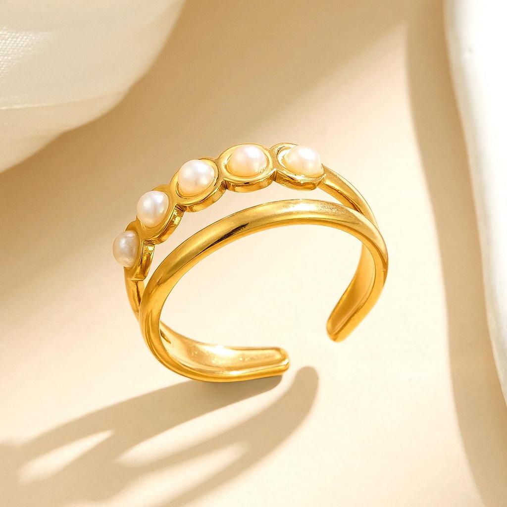 French Retro Pearl Titanium Steel Adjustable Ring - Niche Design, Simple & Versatile Open Style for Women