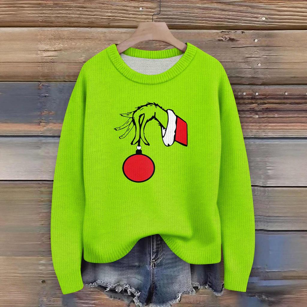 Long Sleeve Pullover Sweaters For Women O Neck Casual Cute Printing Knit Oversized Sweater