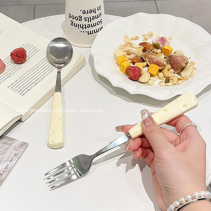 Cute Cheese Handle Tableware Set New Cream Wind Portable Outdoor Stainless Steel Steak Knife and Fork Four-piece Set