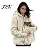 Warm Nursing Hoodie Pet Pouch Zip-up for Women, Cat Dog Carrying Pocket Hooded Velvet Sweatshirt, Winter Fleece Long Sleeves Jacket Animal Lovers
