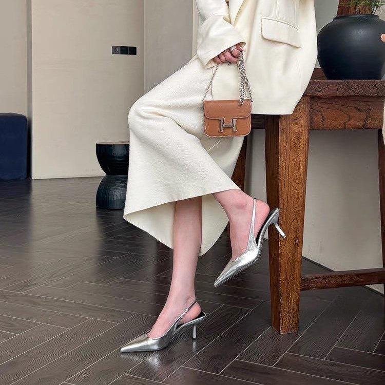 

Niche high-heeled silver bag head empty sandals fairy shoes 2025 autumn new temperament French pointed single shoes 35