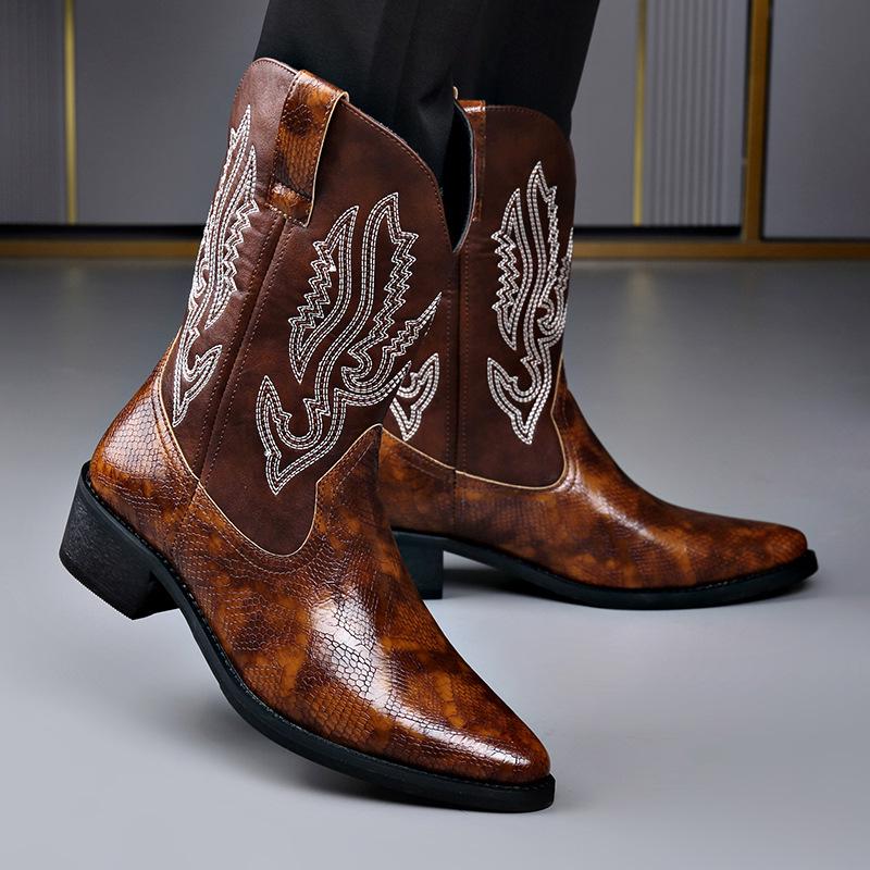 Trendy Men's High-Heeled Embroidered Chelsea Boots - Versatile Western Cowboy & Motorcycle Style