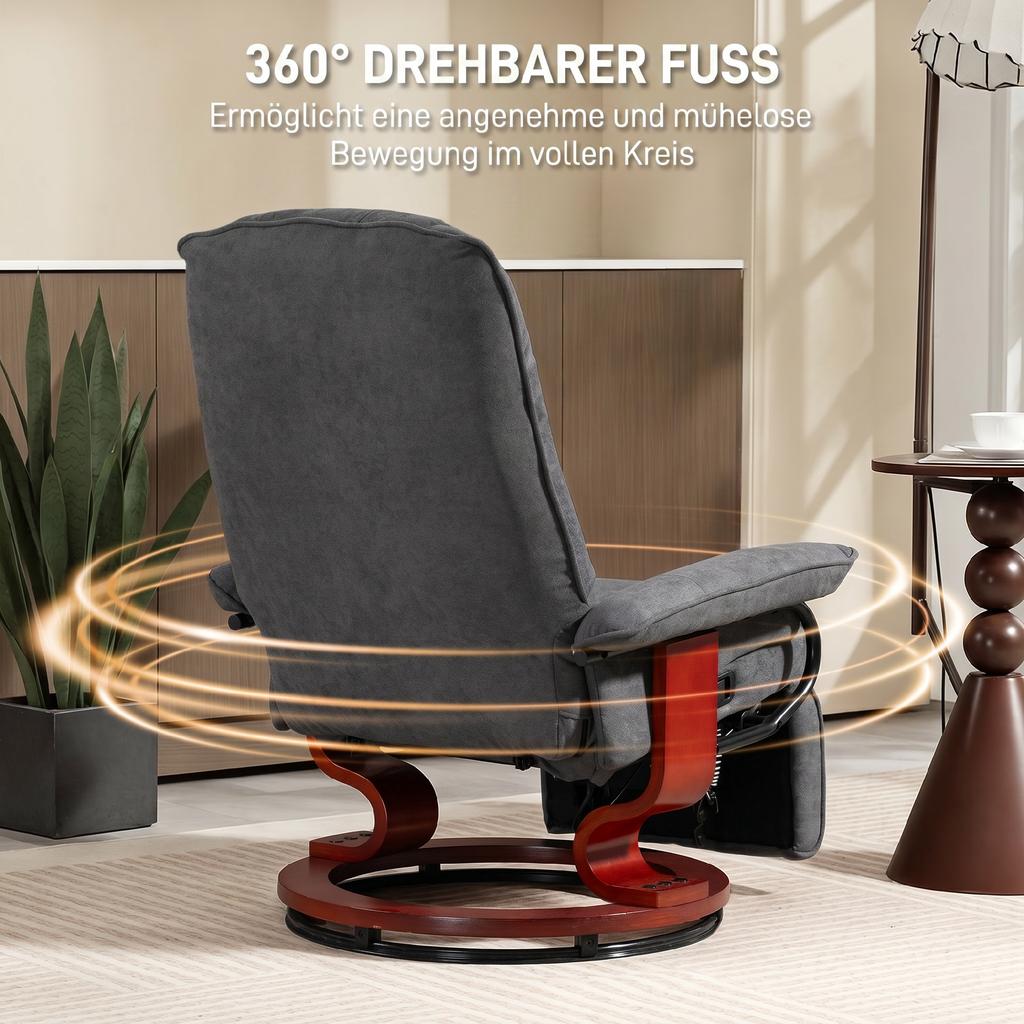 Swivel Recliner, Linen Look, Manually Adjustable Chair with Wooden Base, Footrest, High Backrest, Gray