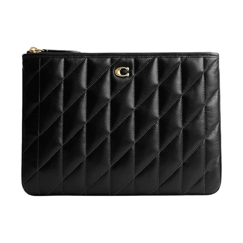 COACH Pouch 29 Silver Logo Logo Twill Quilted Zip Closure Leather Clutch Large Women s Black чёрный