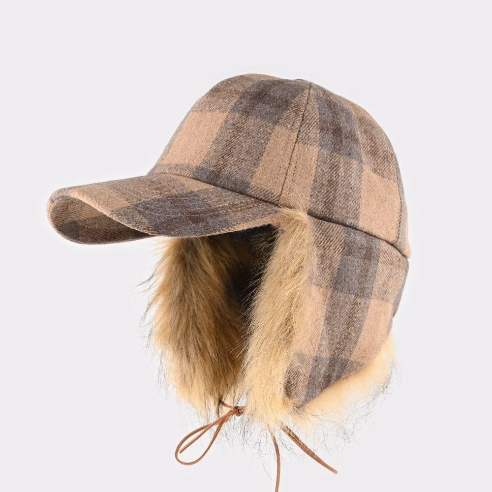 Faux Fur Pilot Hat Plaid Pattern Ear Protection Caps Fashion Bomber Cap Winter Outdoor