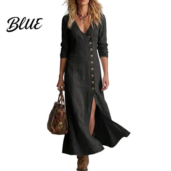 Polyester Summer Dress Women's Side Slit Long Dress Casual Button Down V Elegant Simple Neck Bodycon Sleeve Beach Vacation Sundress Versatile Day