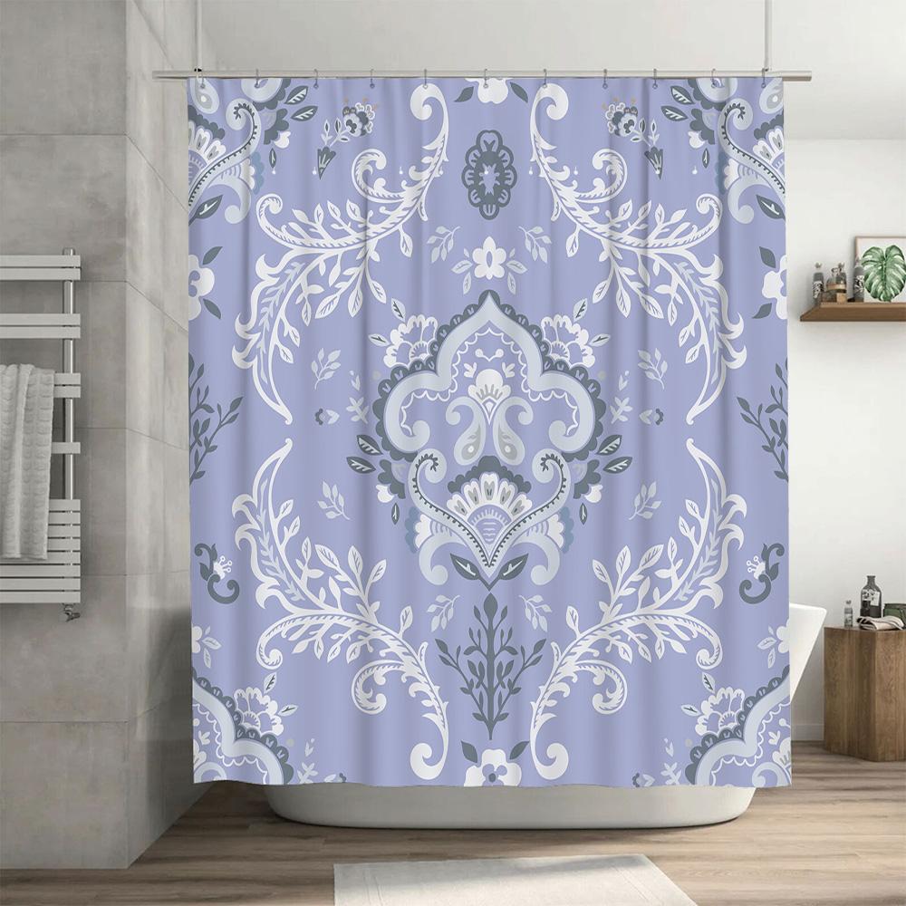 Vintage Damask Shower Curtain Set Lavender White Floral Decorative Bathroom Liner with Metal Rings 72x84 Inches for Bath or Tub