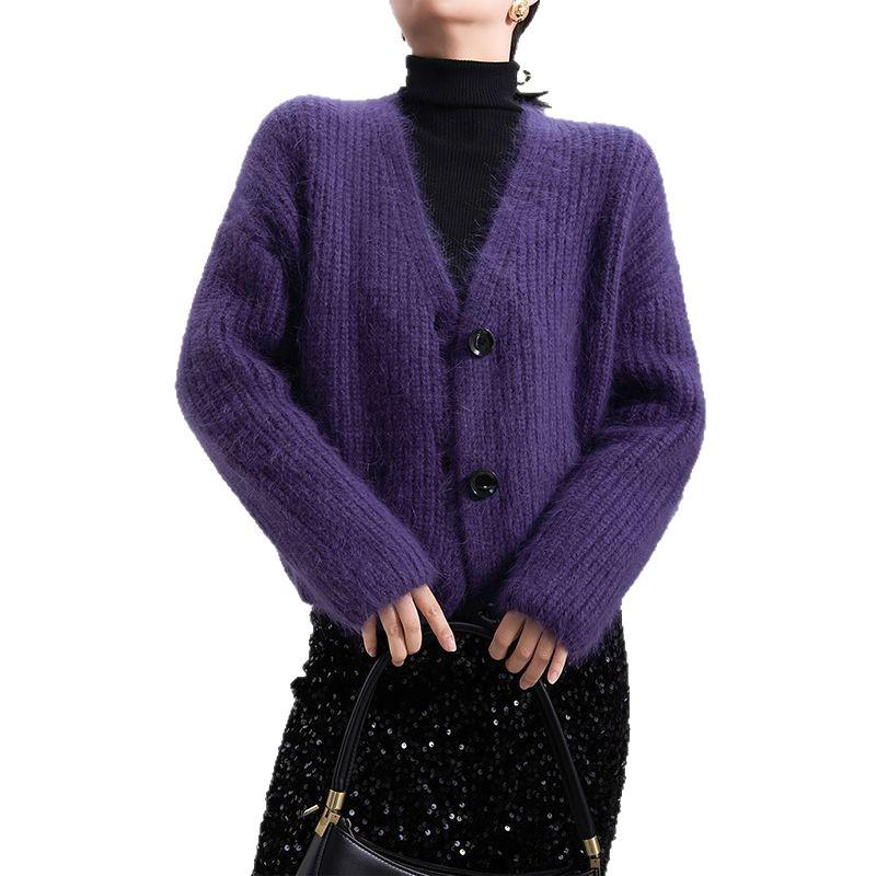 European & American Style Purple Faux Mink Velvet V-Neck Long-Sleeve Knitted Cardigan Sweater