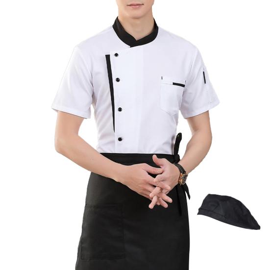 

Chef Uniform Apron Hat Set Stand Collar Short Sleeve Chef Apparel with Multi-Pocket Design Patchwork Color Kitchen Staff M белый