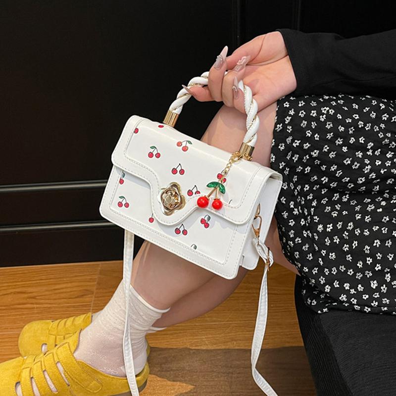 Women Cherry Square Bag PU Leather Sweet Cherry Crossbody Bag Adjustable Strap Sling Ladies Outdoor Small Handbags