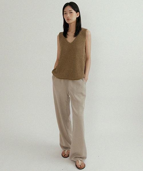 Lingseoul Tencel Blended Band Pants-Light Khaki