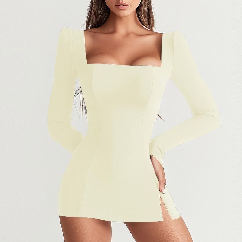 VONDA Women U-Neck Long Sleeve Solid Color Split Thin Bodycon Mini Dress